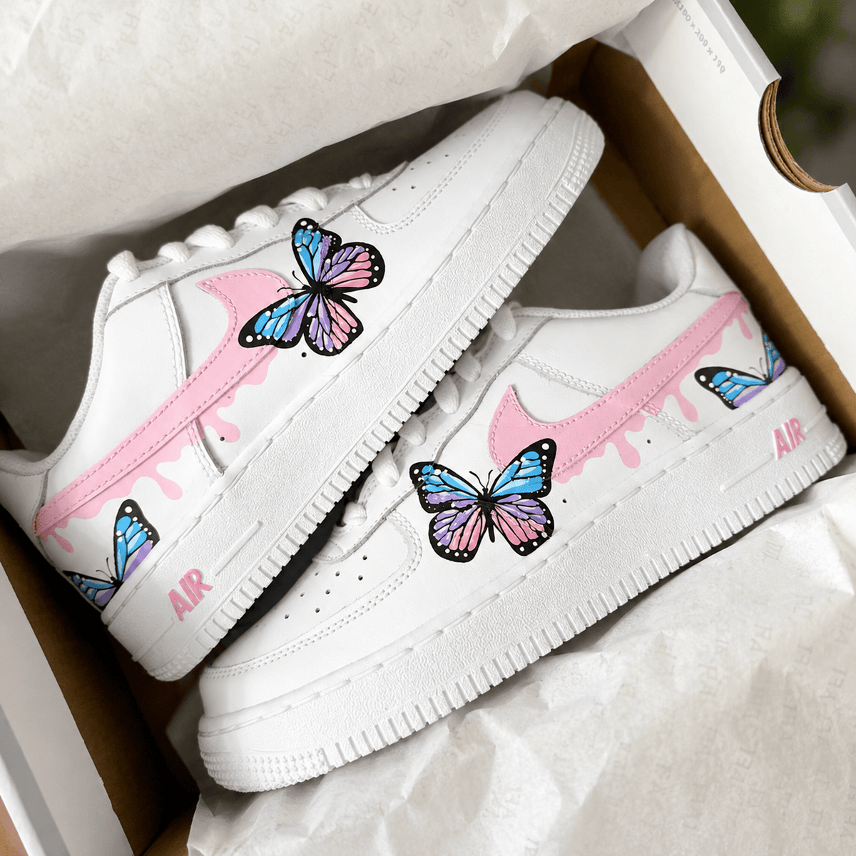 Custom Sneaker Blue & Pink Drip Butterfly