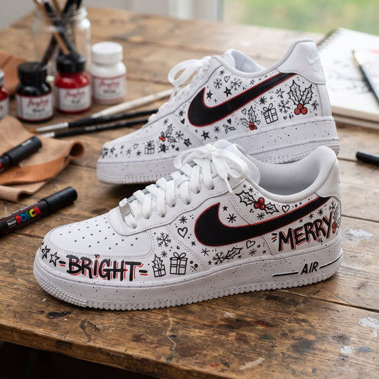 Custom Sneaker Christmas Merry Bright Graffiti - front view