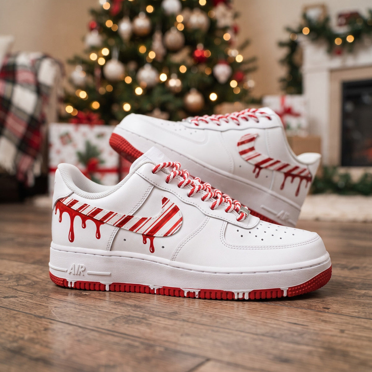 Custom Sneaker Christmas Candy Cane Drip - front view