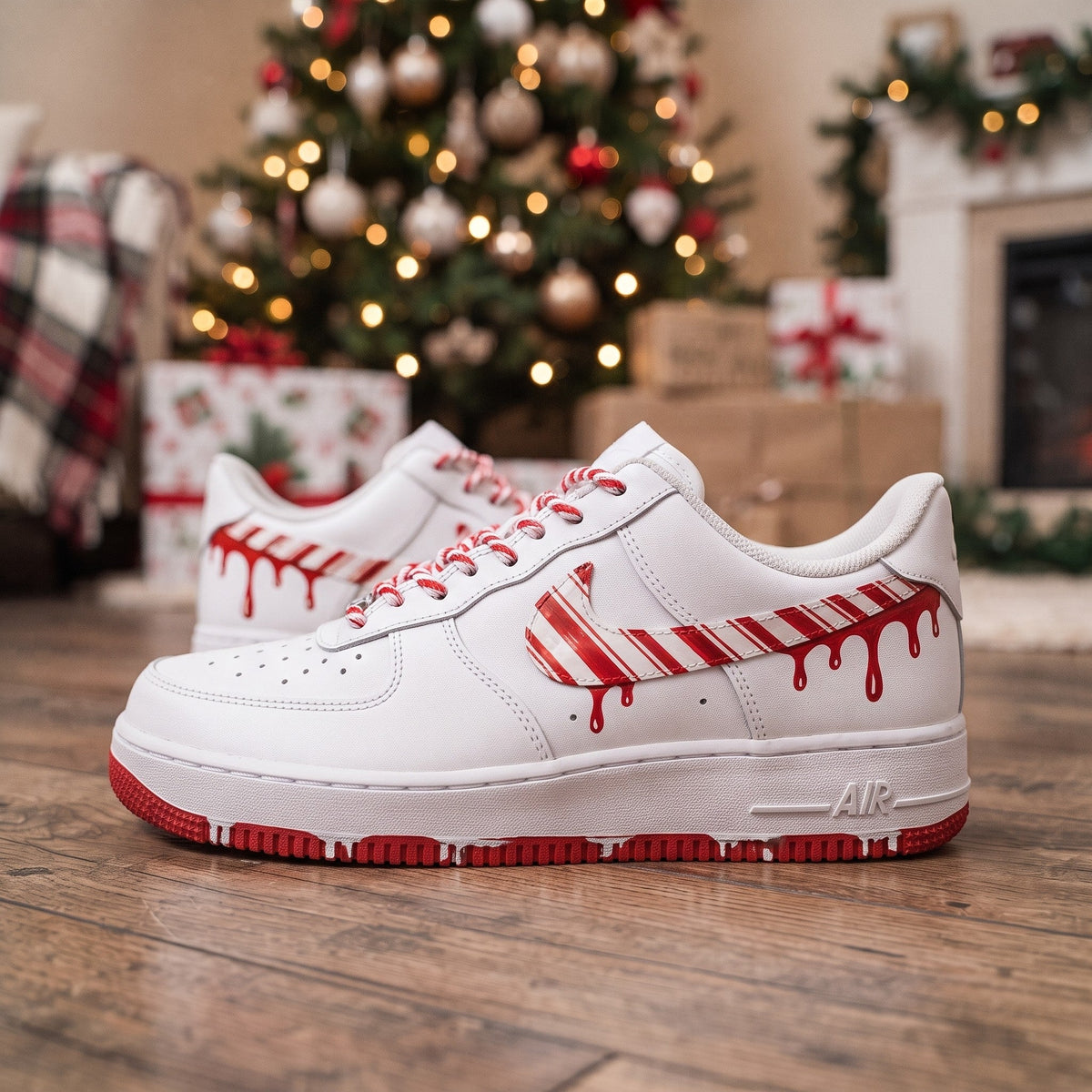Custom Sneaker Christmas Candy Cane Drip - side profile