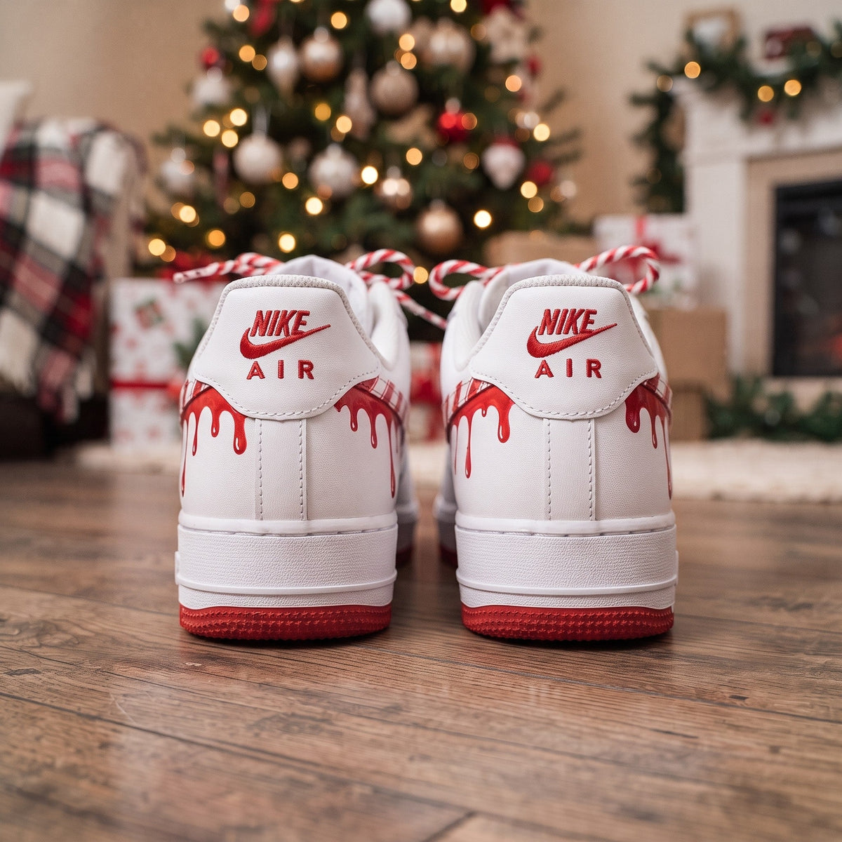 Custom Sneaker Christmas Candy Cane Drip - heel back