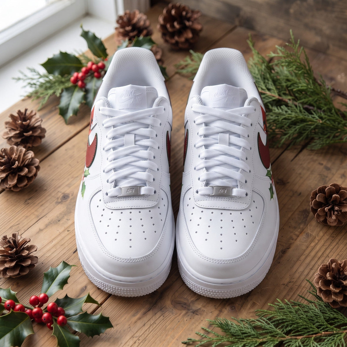 Custom Sneaker Christmas Cardinal Holly - top down