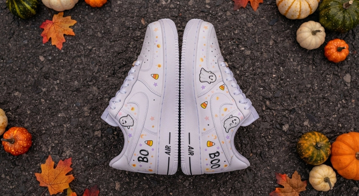 Custom Sneaker Halloween Cute Ghost Boo - top down
