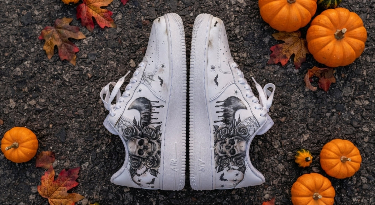Custom Sneaker Halloween Haunted Rose Skull - top down