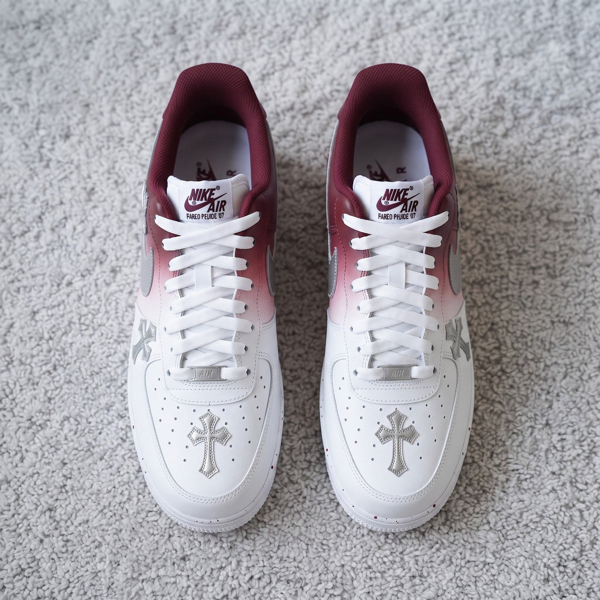 Custom Sneaker Christmas Burgundy Crosses - top down